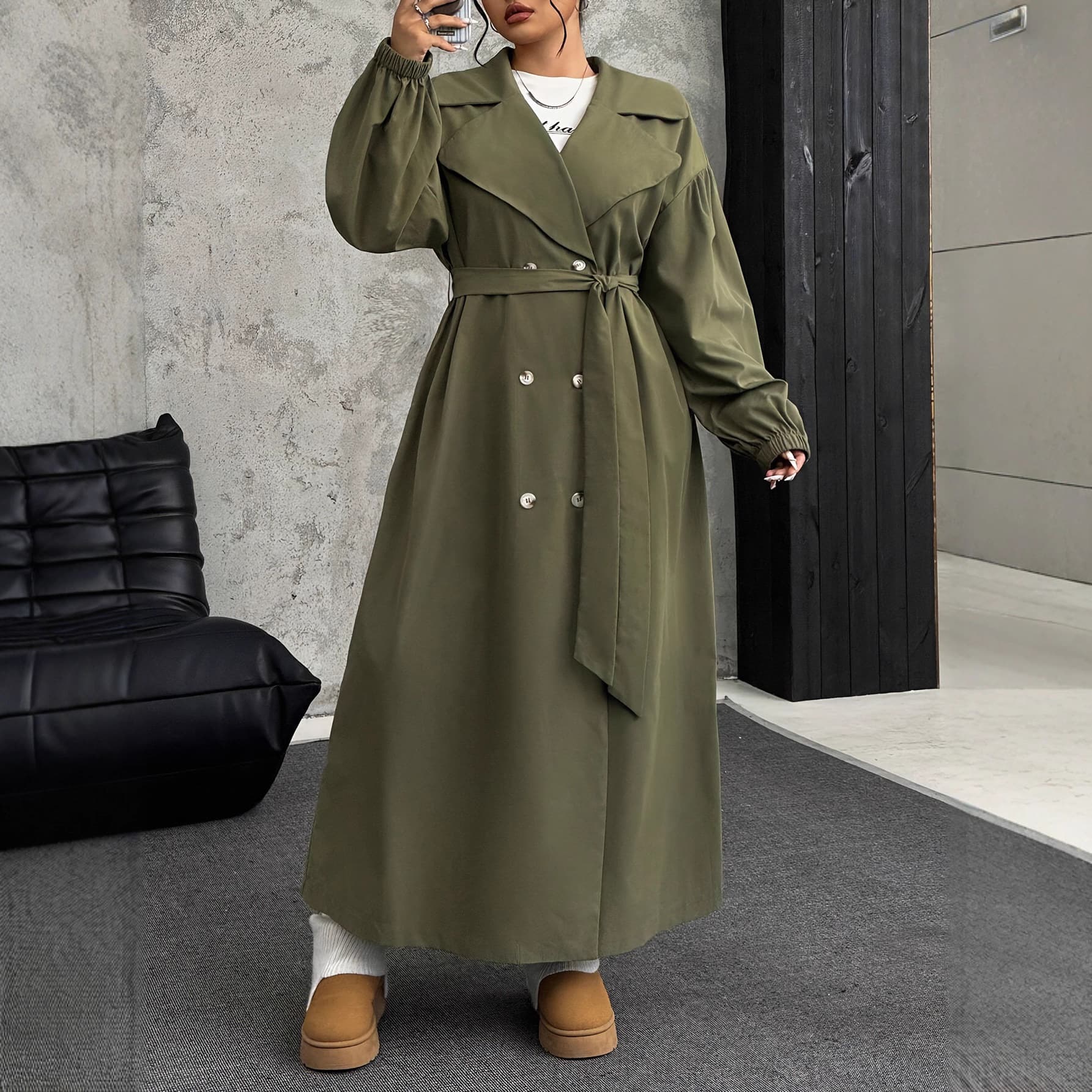 Cross-border women's large size spring, autumn and early winter thin unlined solid color long-sleeved belted double-breasted windbreaker jacket