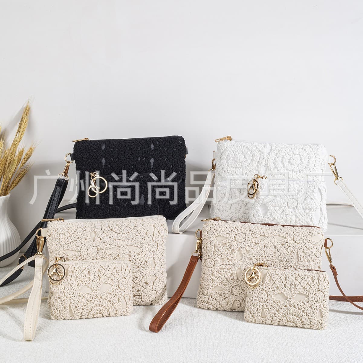 Mesh Mother-Daughter Korean Style Casual Straw Woven Bag, Beach Retro Hollow-Out New Flower Fashion Shoulder Crochet Knitted Bag