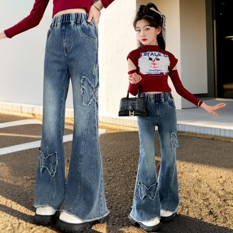 Children's clothing, girls' jeans, spring and autumn trousers, new medium and large children's casual pants, girls and children's bell bottoms, trendy brands