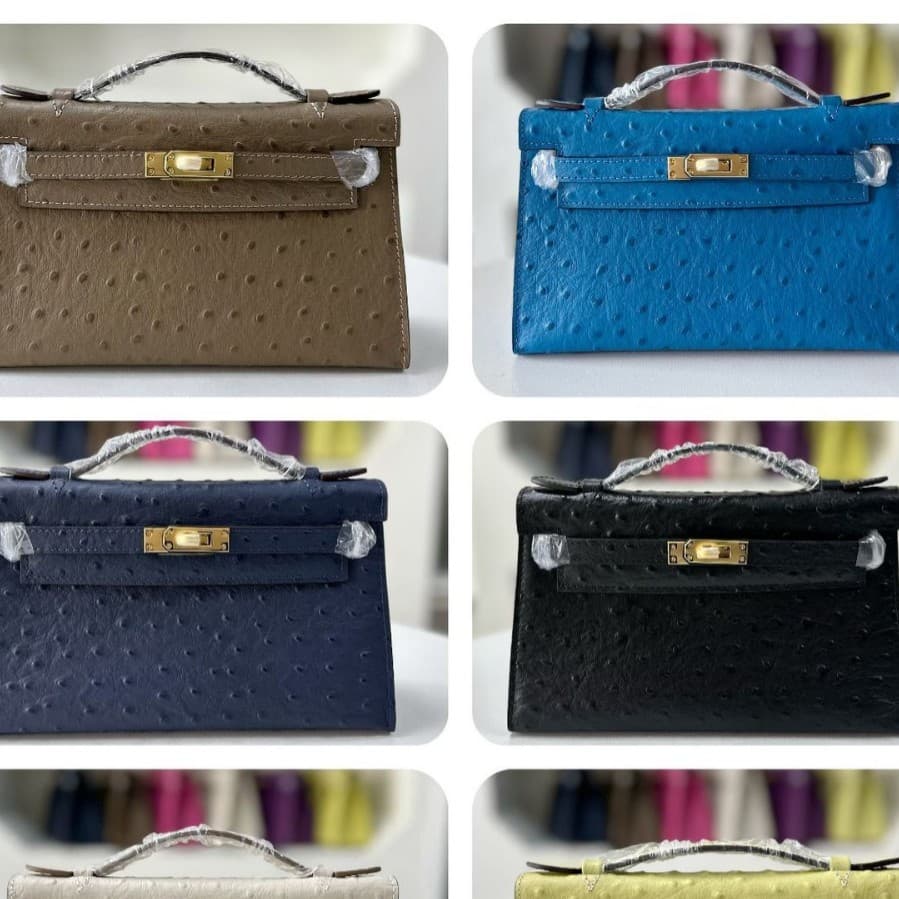 Cross-Border Exclusive Supply of New Ostrich-Pattern Mini Kelly First-Generation Shoulder/Crossbody Clutch Evening Bag Made of Top-Grain Leather