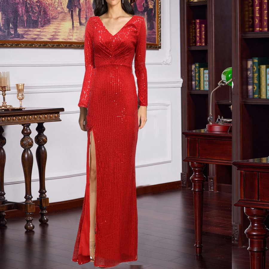 Spring New Split Long Sleeve V-Neck Slim Floor-Length Dress for Wedding Banquet Party Multicolor Sequin Evening