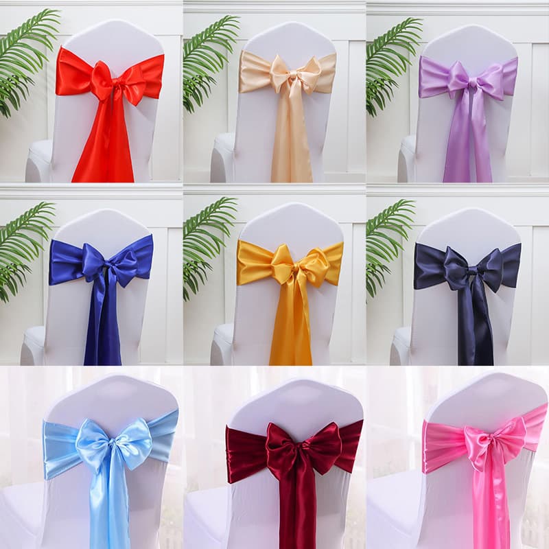 Manufacturer wholesale solid color satin ribbon banquet wedding chair back decoration chair cover bow tie flower ribbon accessories