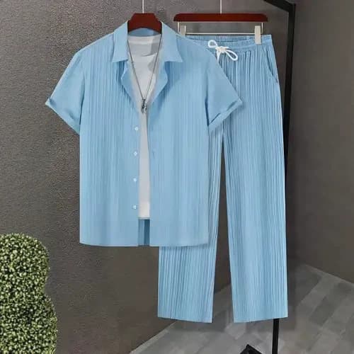 2025 summer European and American cross-border casual fashion shirt suit men's commuter solid color shirt trousers sports suit