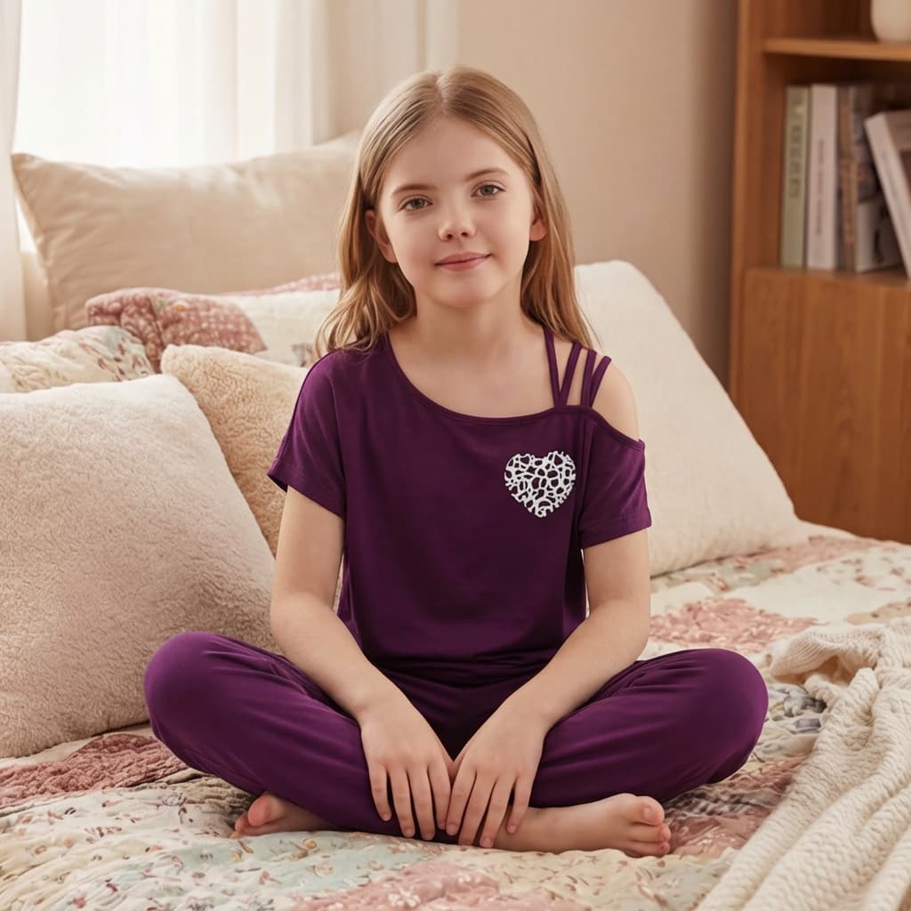 European and American children's pajamas set off-shoulder short-sleeved love print skin-friendly breathable milk silk girl home two-piece set