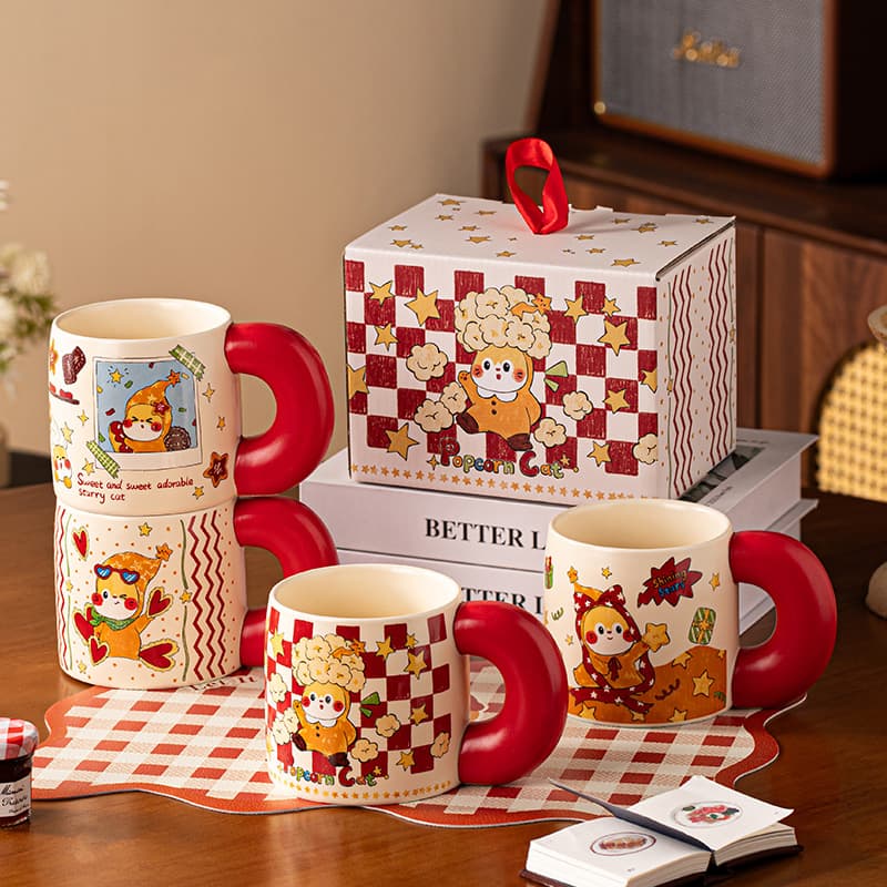 High-Appearance Retro Star Cat Mug Cute Ceramic Water Cup Birthday Gift for Her Couple Large Handle Cup