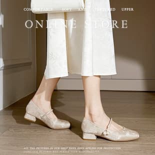 New Chinese Style Square Toe Chunky Heel Flats for Women 2025 Spring New Pointed Toe Buckle Strap Mary Jane Shoes Plus Size Women's Shoes