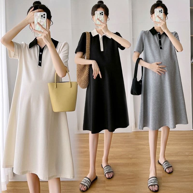 Maternity Dress Summer Short-Sleeved Polo Skirt Lapel Maternity Wear Summer Short-Sleeved Maternity Skirt Women's Summer Clothes