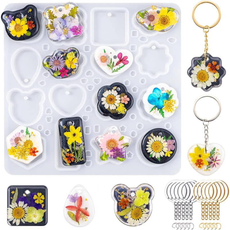 Treasure Bowl DIY Resin Keychain Silicone Resin Mold with Holes 16 Pieces, DIY Mold for Beginners
