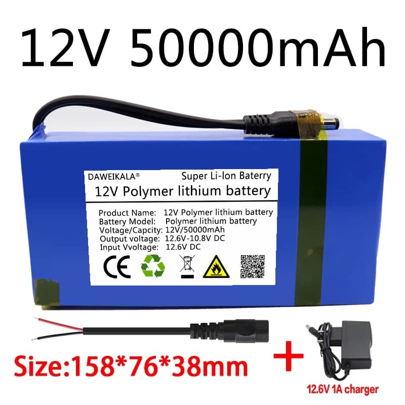 12V 50000mAh Lithium-Ion Battery Pack DC 12.6V 50Ah Battery with EU Plug