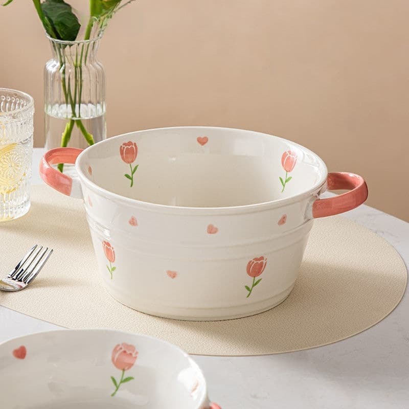 Tulip double-eared large soup bowl household tableware pickled cabbage boiled fish snail noodle bowl large soup basin instant noodles Yunfeilai