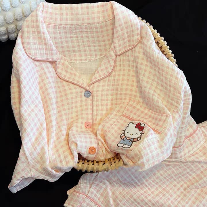 Trendy Pink Plaid Hello Kitty Pajamas for Women Summer Short Sleeve Shorts Set Student Wearable Out Loungewear