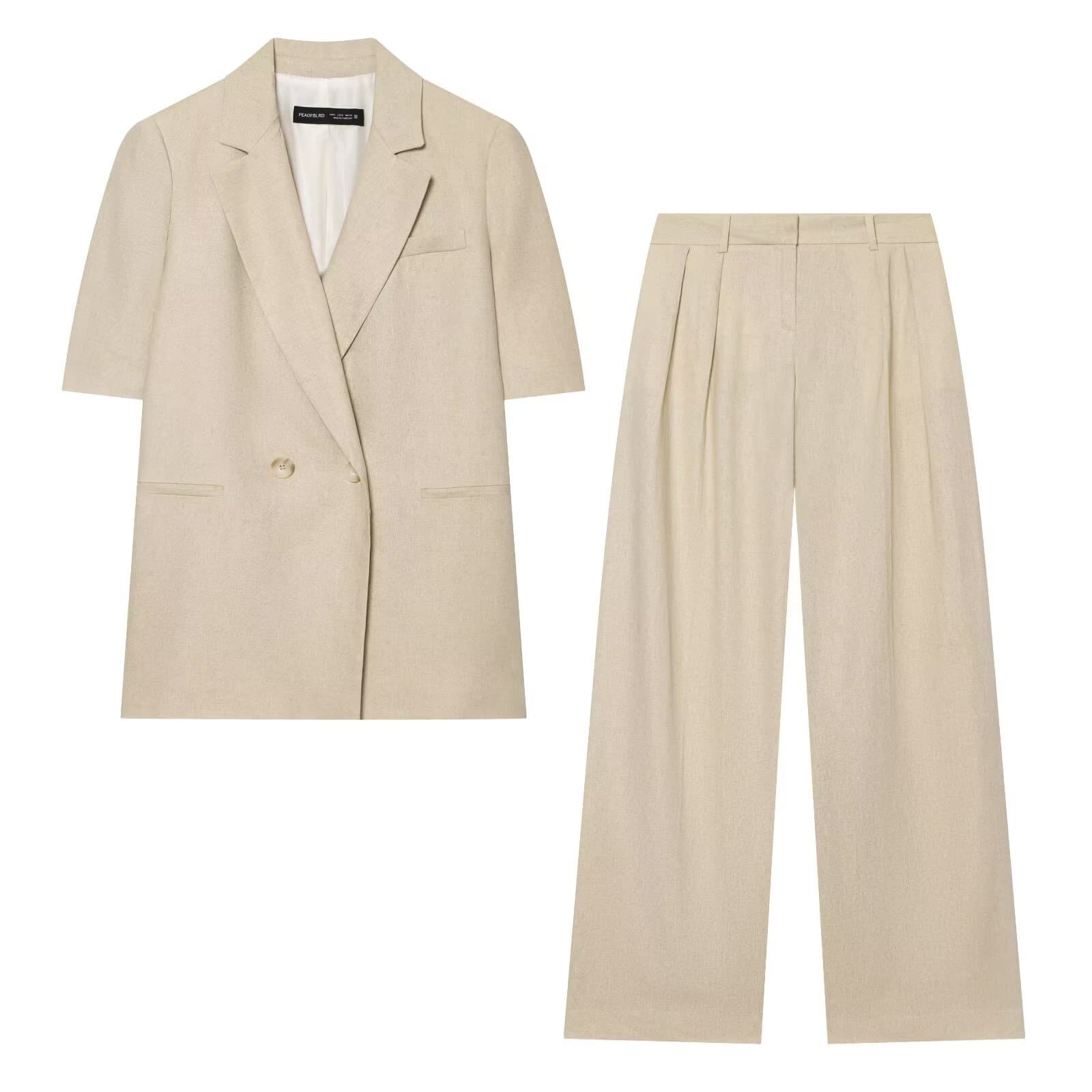 Cross-border European and American clothing AliExpress hot-selling blended short-sleeved double-breasted suit jacket + wide-leg pants suit
