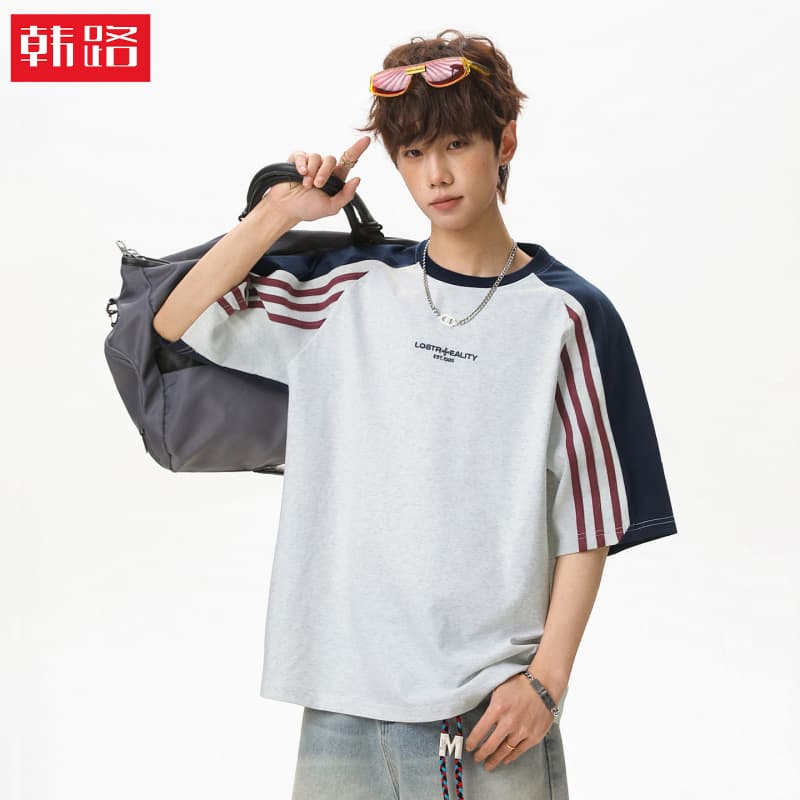 American Retro Raglan Sleeve Short Sleeve T-Shirt for Men and Women, Spring/Summer Contrast Color Ins Splicing Design, Streetwear Brand, Pure Cotton Crew Neck Tee