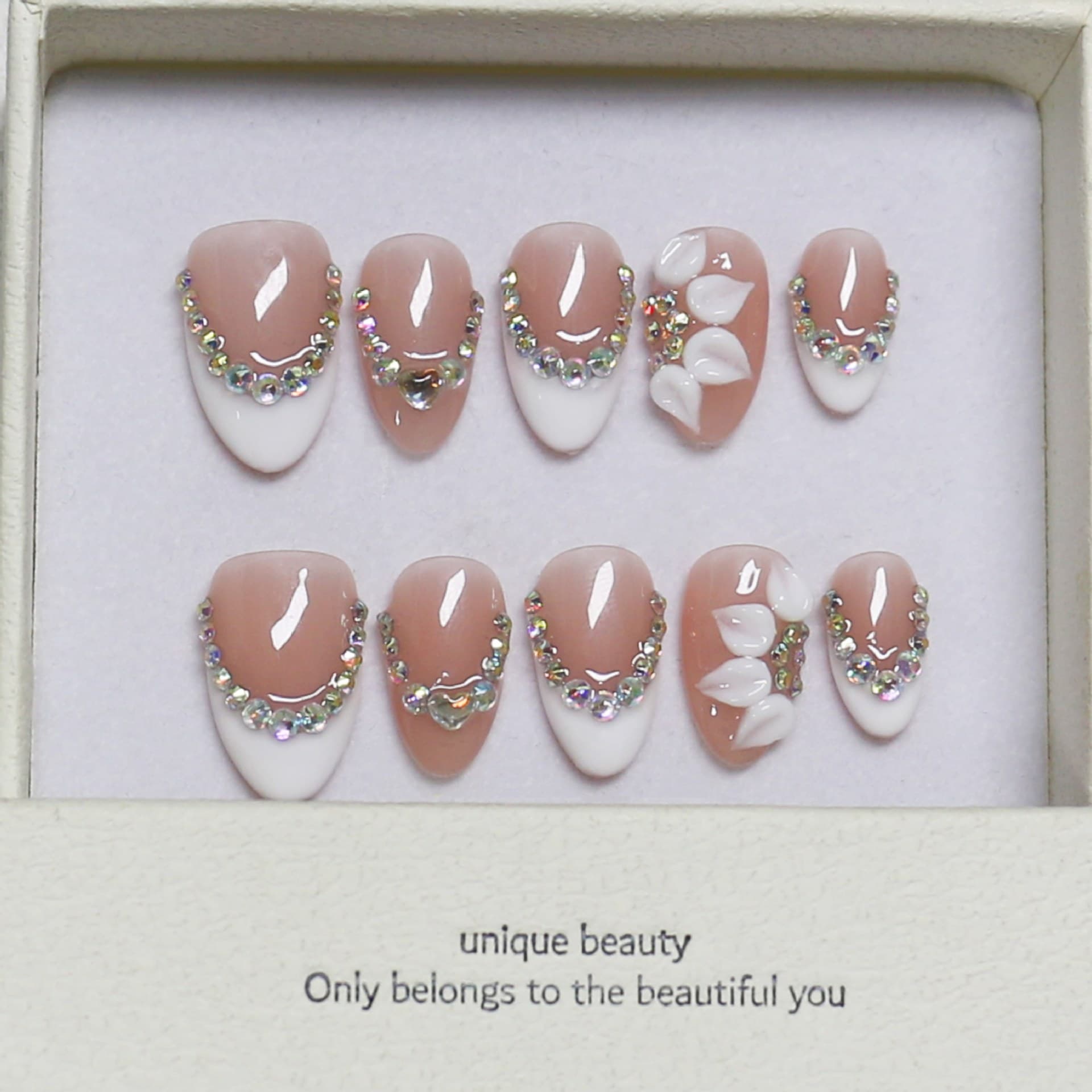 New European and American French-style small diamond 3D carved almond nails, gentle style, handmade wearable finished false nails wholesale