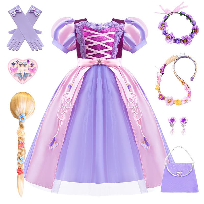 Summer Long Hair Princess Dress for Kids, Rapunzel Birthday Costume Gown for Girls, Festival Cosplay Outfit Performance Prop