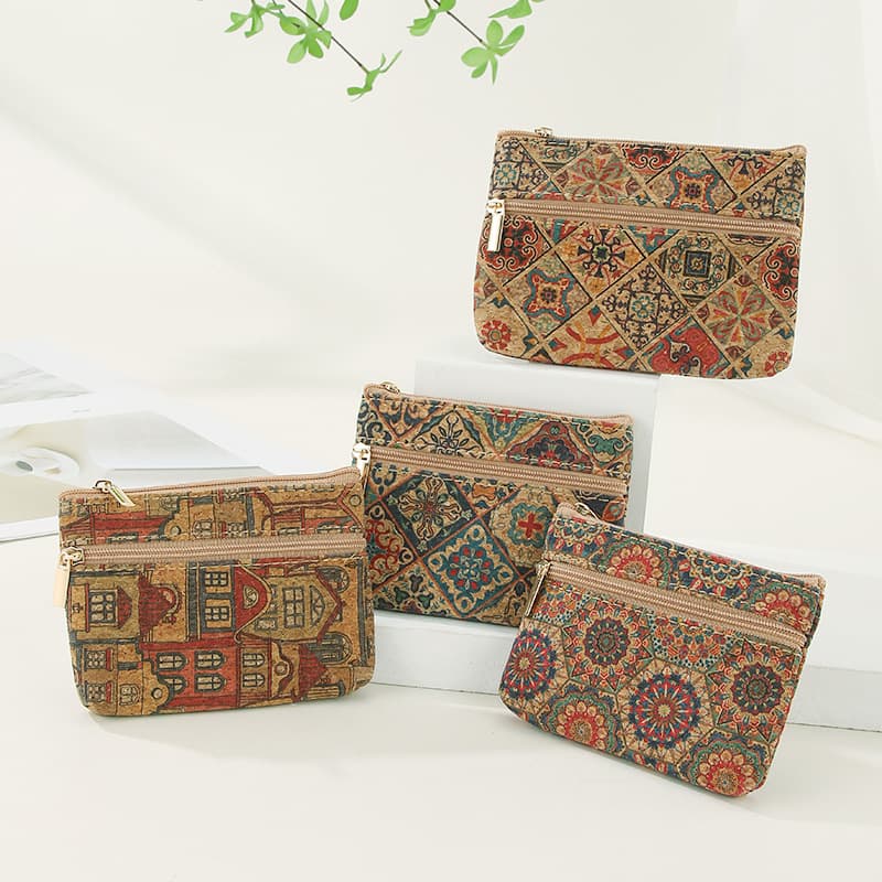 Original Wood Grain Double Layer Coin Purse Card Holder Key Pouch Data Cable Storage Bag