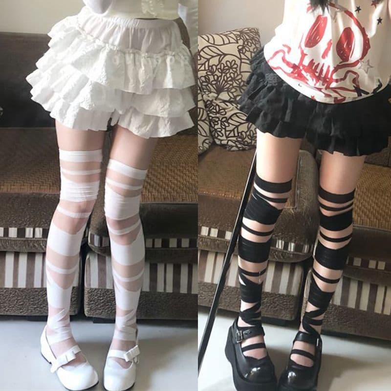 Japanese sweet hottie bandage knee socks female thin Lolita white silk jk stockings strap-on Mary Janeta socks