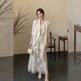 OK-372 Chanel-Style White Blazer for Women, New Spring Oversized Jacket with Lace Camisole Dress Two-Piece Set