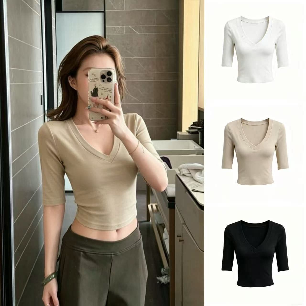 Summer Thin V-Neck Short-Sleeve T-Shirt for Women, Solid Color, Slim Fit, Shoulder-Emphasizing, Five-Sleeve, Low Neck, Cropped Top