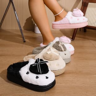Love Bow Warm Cotton Slippers Women Winter Anti-Slip Fleece Lined Thick Sole Home Couple Fleece Slippers New Style Cotton Slippers