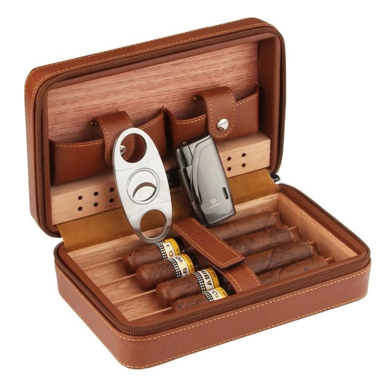 Portable cigar leather case, cigar box set, cigar cutter, travel bag, sealed humidifier, Cigar Case Box