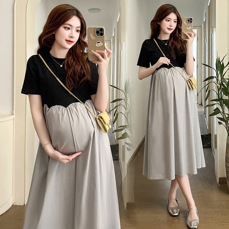 French splicing dress 2026 new loose and slim design tea break a-line skirt nursing dress