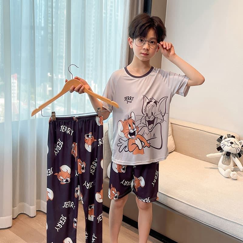 Summer Boys' Pajamas Children's Modal Thin Cartoon Short Sleeve Air Conditioning Suit for Older Boys Ice Silk Three-Piece Set