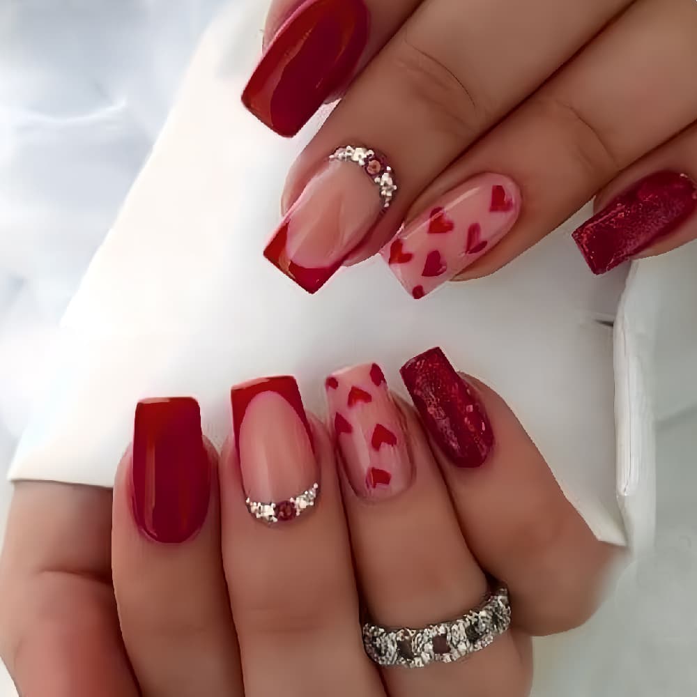 Cross-border Red Heart Press-on Nails Valentine's Day Bestseller Red French 3D Rhinestone Silver Bead Red Glitter False Nails