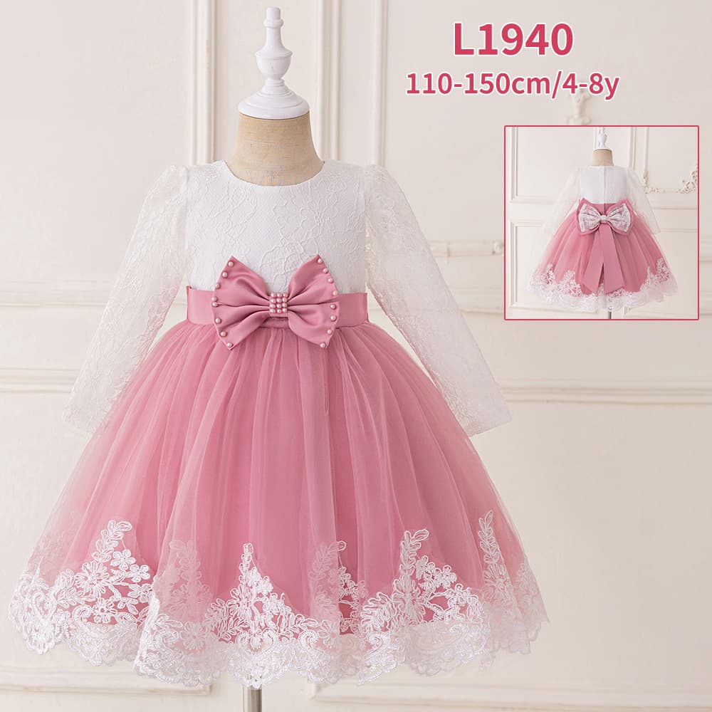 European and American new middle-aged children's dress long-sleeved flower girl tutu skirt bow mesh wedding dress mesh cake skirt
