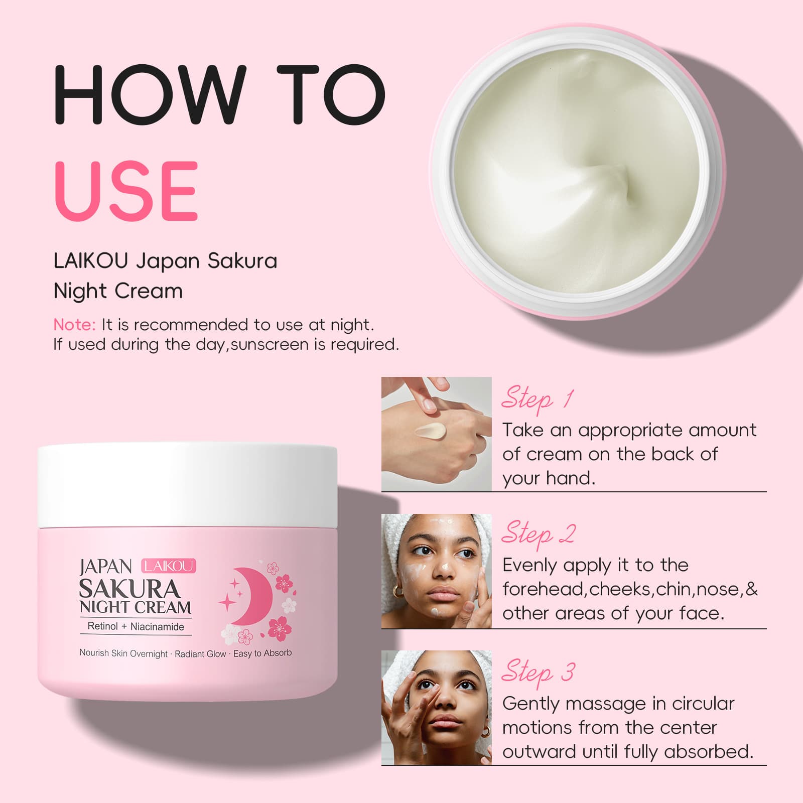Cross-border Laikou Japanese Sakura Night Cream 30g Moisturizing Hydrating Face Cream Nourishing Day and Night Cream Factory Direct Wholesale