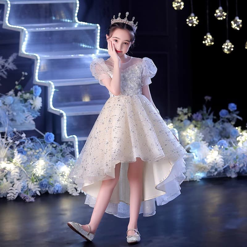 Girls' Princess Dress 2026 New Bubble Sleeve Flower Girl Wedding Little Girl Tulle Puffy Host Performance Costume