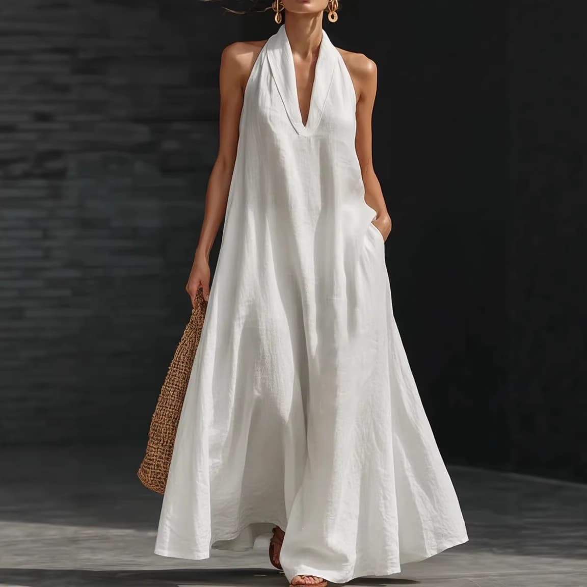 2026 New European and American Cross-Border Summer White Linen Halter Deep V-Neck Sleeveless Loose Flared Dress