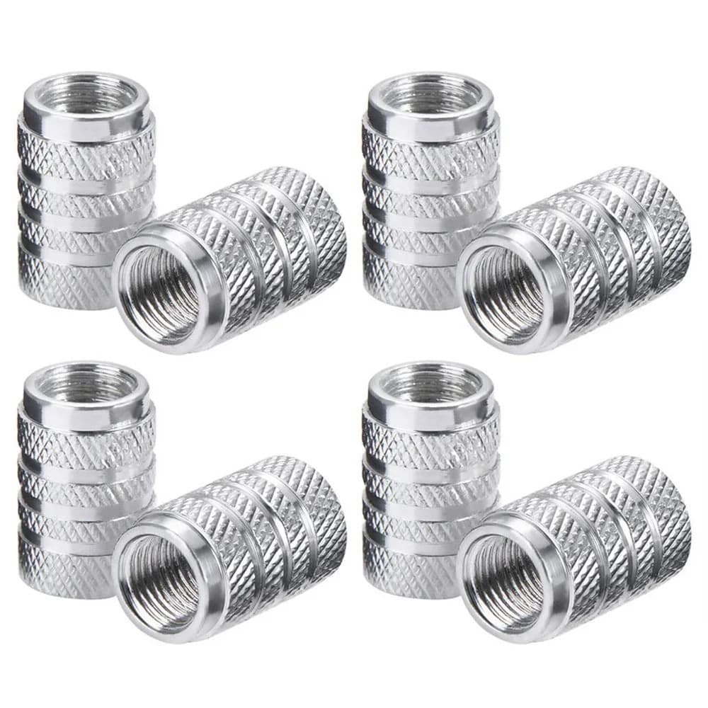 4-Pack Serrated Aluminum Silver Valve Stem Caps for Car Bicycle Wheel Tire Valve Caps