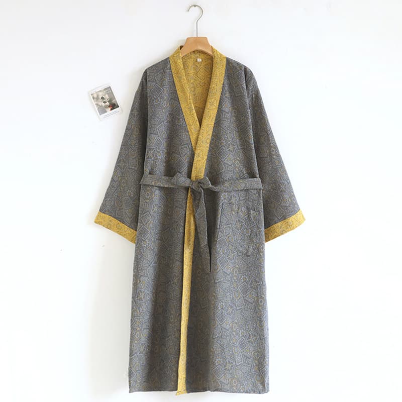 Pure cotton jacquard men's bathrobe pure cotton double-layer gauze Japanese kimono nightgown bathrobe home wear single-piece nightgown