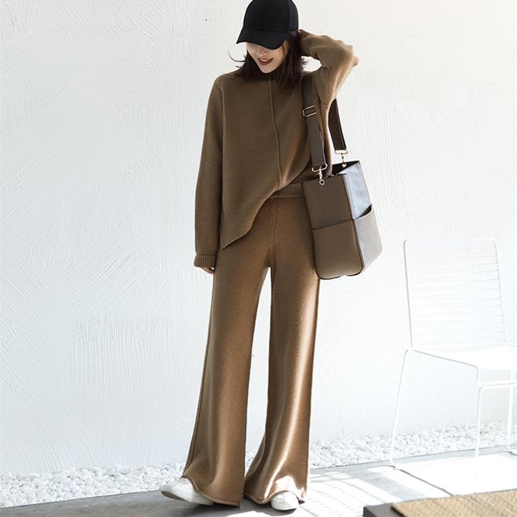 Autumn Winter New Women's Two-Piece Set, Half Turtleneck Lazy Style Sweater, Thick Knit Wide-Leg Pants, Casual Suit, European and American Style