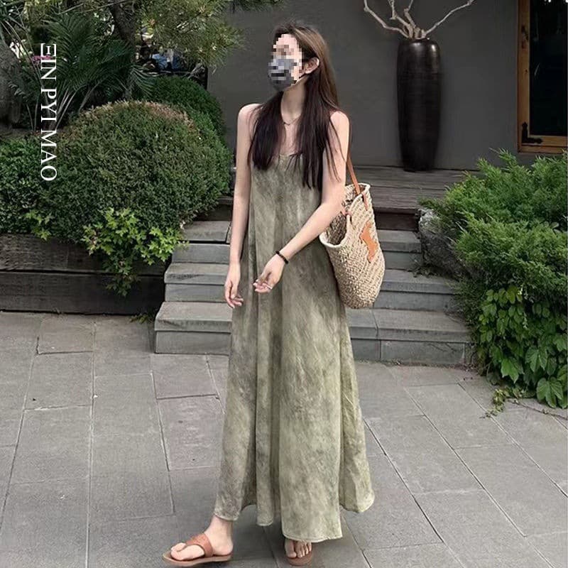Camisole Nightgown Dress Summer Sleeveless Fairy-like Ink Painting Print Slimming Wearable Summer Dress Pajamas