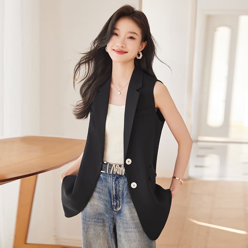 [Foreign Trade Hot Item] Black Vest Jacket for Women 2026 Spring/Summer Mid-Length Sleeveless Waistcoat Suit Vest