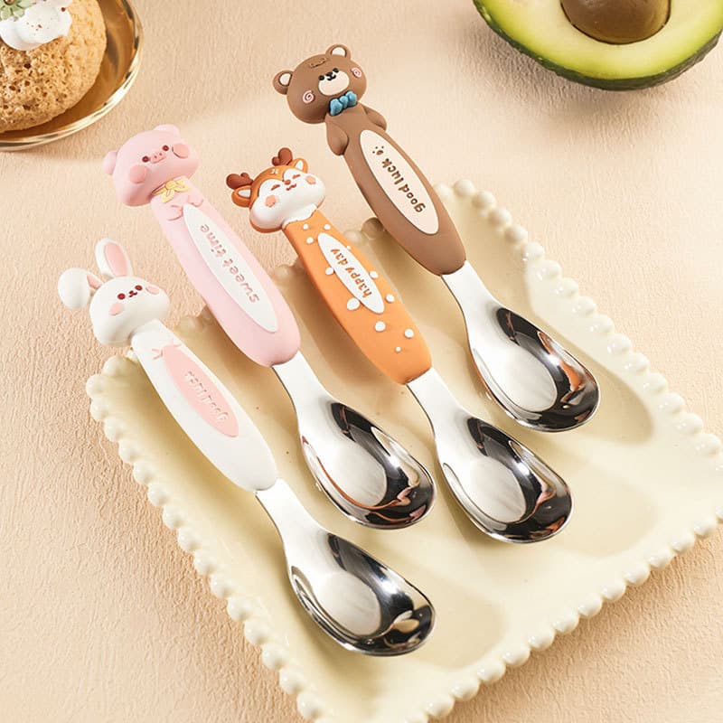 Cartoon Stainless Steel 316L Baby Spoon Cute Animal Feeding Spoon Toddler Mealtime Spoon Mirror Polished Unique Design Gift