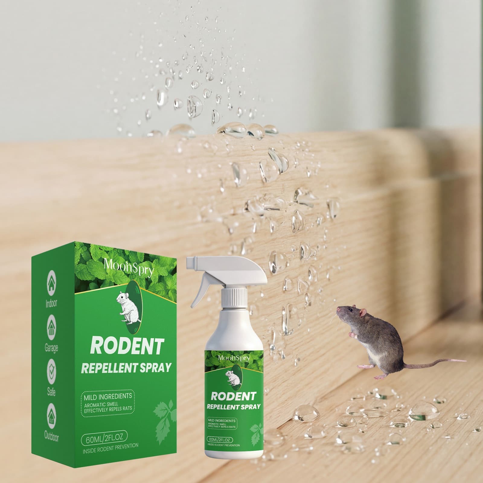 MOONSPRY Mouse Repellent Spray, Indoor and Outdoor Universal Odor Repellent, Home Garage Yard Scene Anti-Rodent Spray