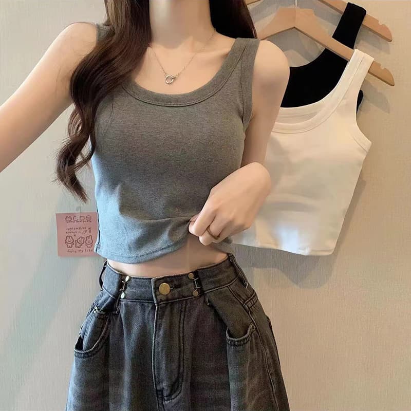 Korean Style Pure Cotton Strap Vest with Chest Pad Fixed Cup Wrap Chest Outdoor Wear Inner Match Sleeveless Short Top Women