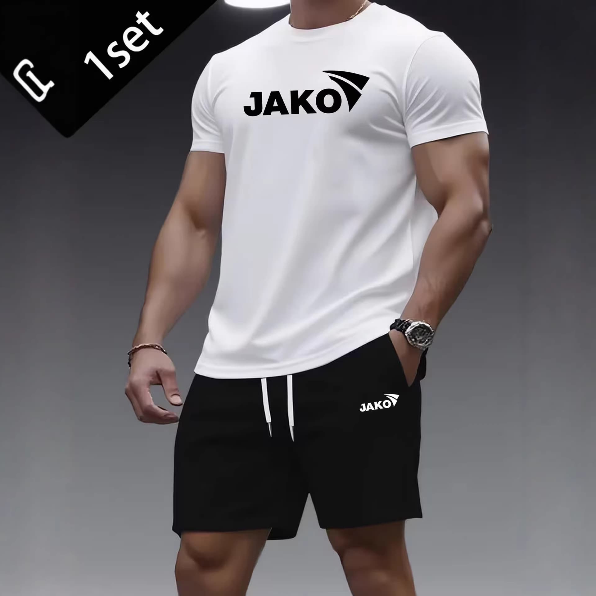 2026 New Men's Summer JAKO Print Two-Piece Set Crew Neck Short Sleeve T-Shirt + Drawstring Shorts