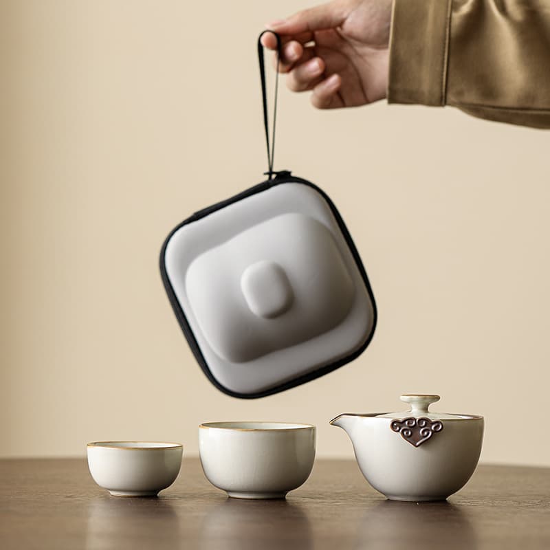 Ru Kiln Travel Tea Set, Portable One Pot and Two Cups Quick Cup, Outdoor Camping Ceramic Business Souvenir