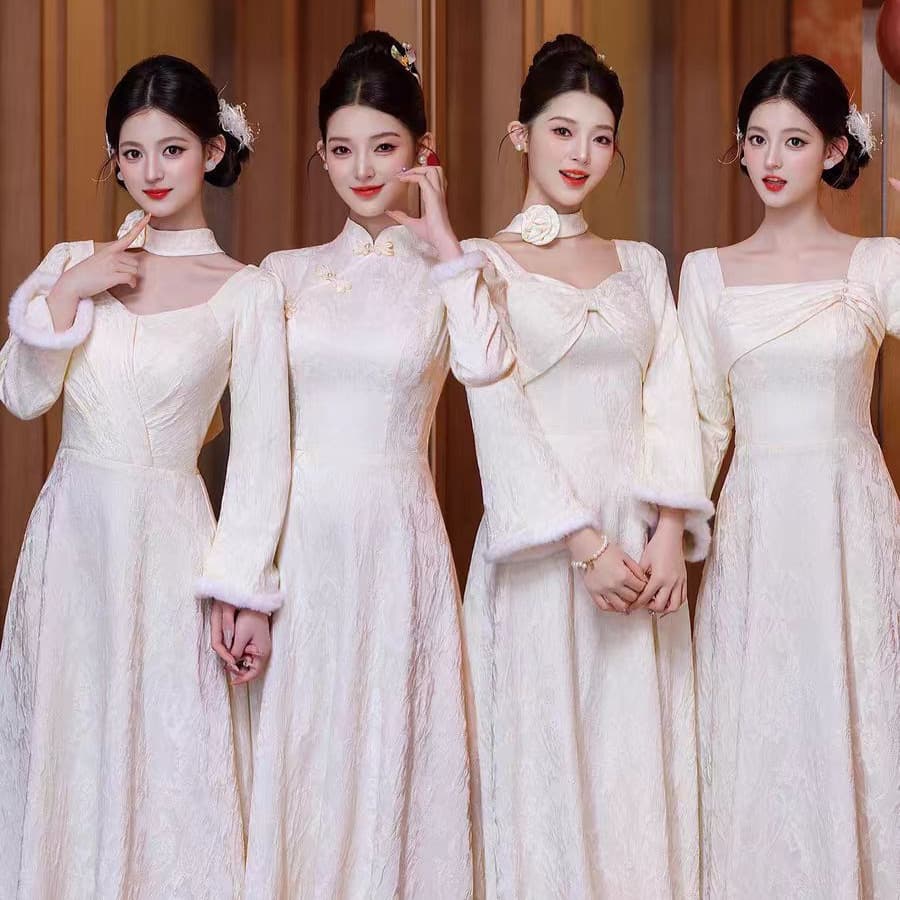Champagne New Chinese Style Long Sleeve Bridesmaid Dress 2025 New High-End Wedding Sister Group Evening Gown Thickened Winter