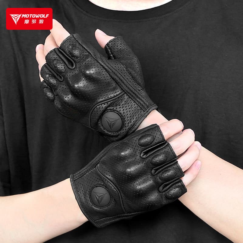 Summer Motorcycle Half-Finger Gloves Breathable Anti-Fall Genuine Sheepskin Outdoor Cycling Protection Genuine Leather Gloves