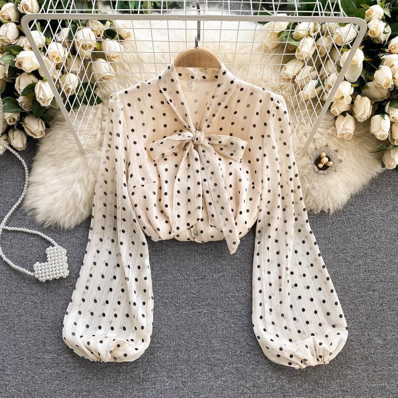 European and American Ins Style Spring New Retro Chiffon Shirt Women's V-neck Bow Puff Sleeve Polka Dot Mesh Shirt Women's Trendy