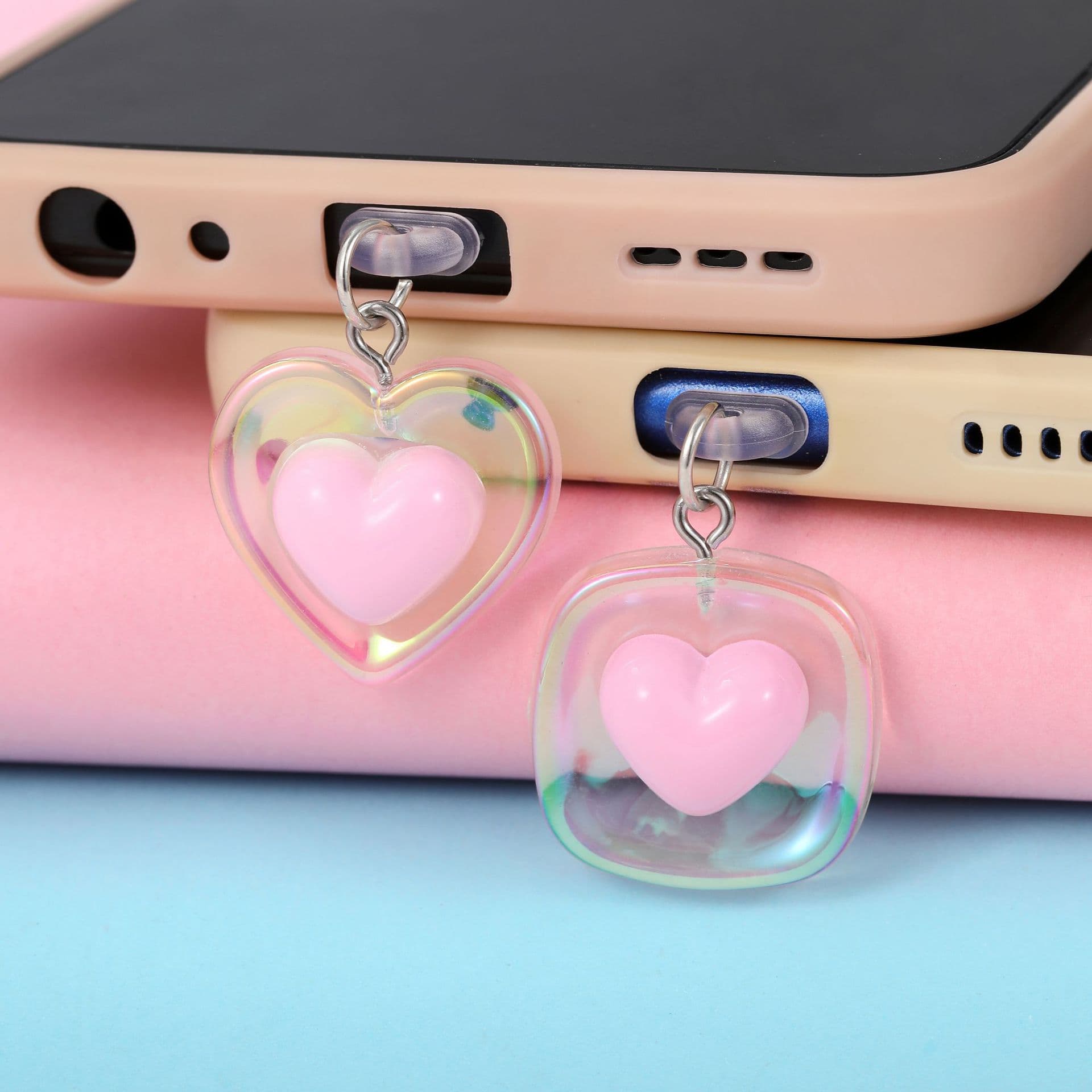 Colorful Square Base Heart Phone Dust Plug Charging Port Cover Pendant Type-C and ISO Interface Charm