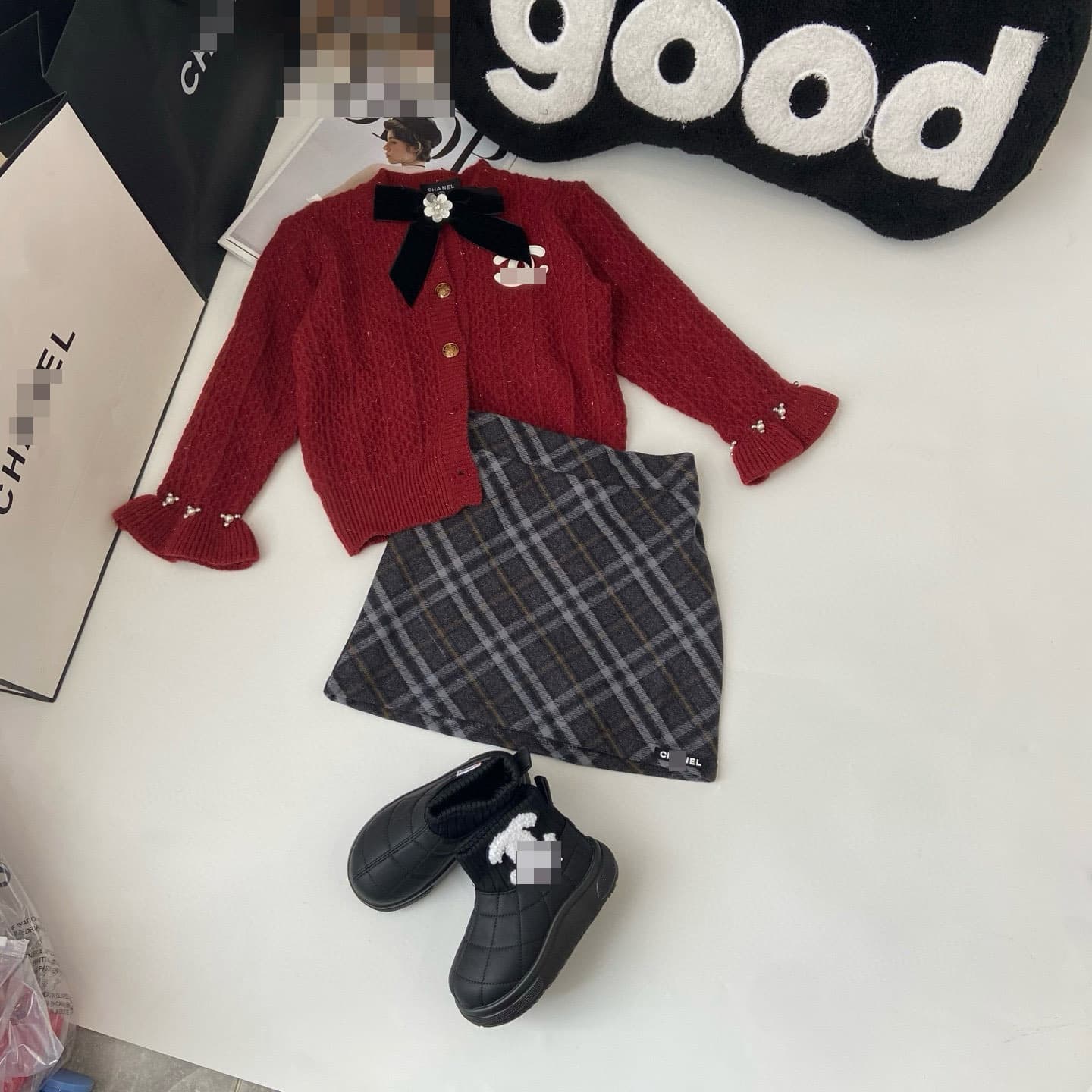 New Year Skirt Set 2026 Spring New Girls Red Sweater Fitted Skirt 2-Piece Set Plaid Skirt Trendy