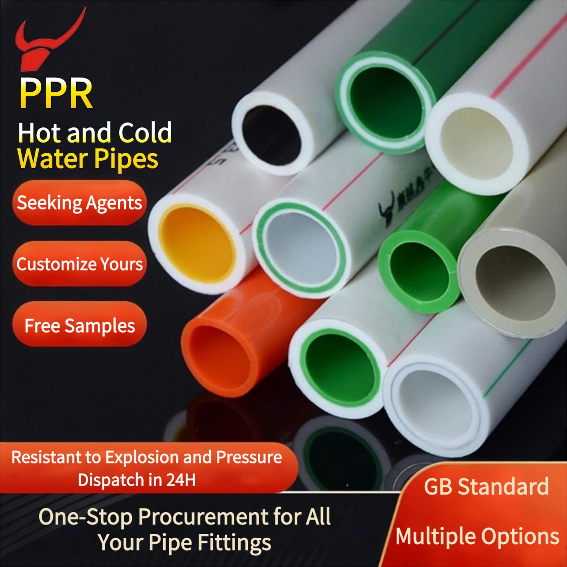 Factory wholesale PPR cold and hot water supply pipes for engineering and home installation, heat-fused 1/2 inch and 3/4 inch water pipe fittings and accessories