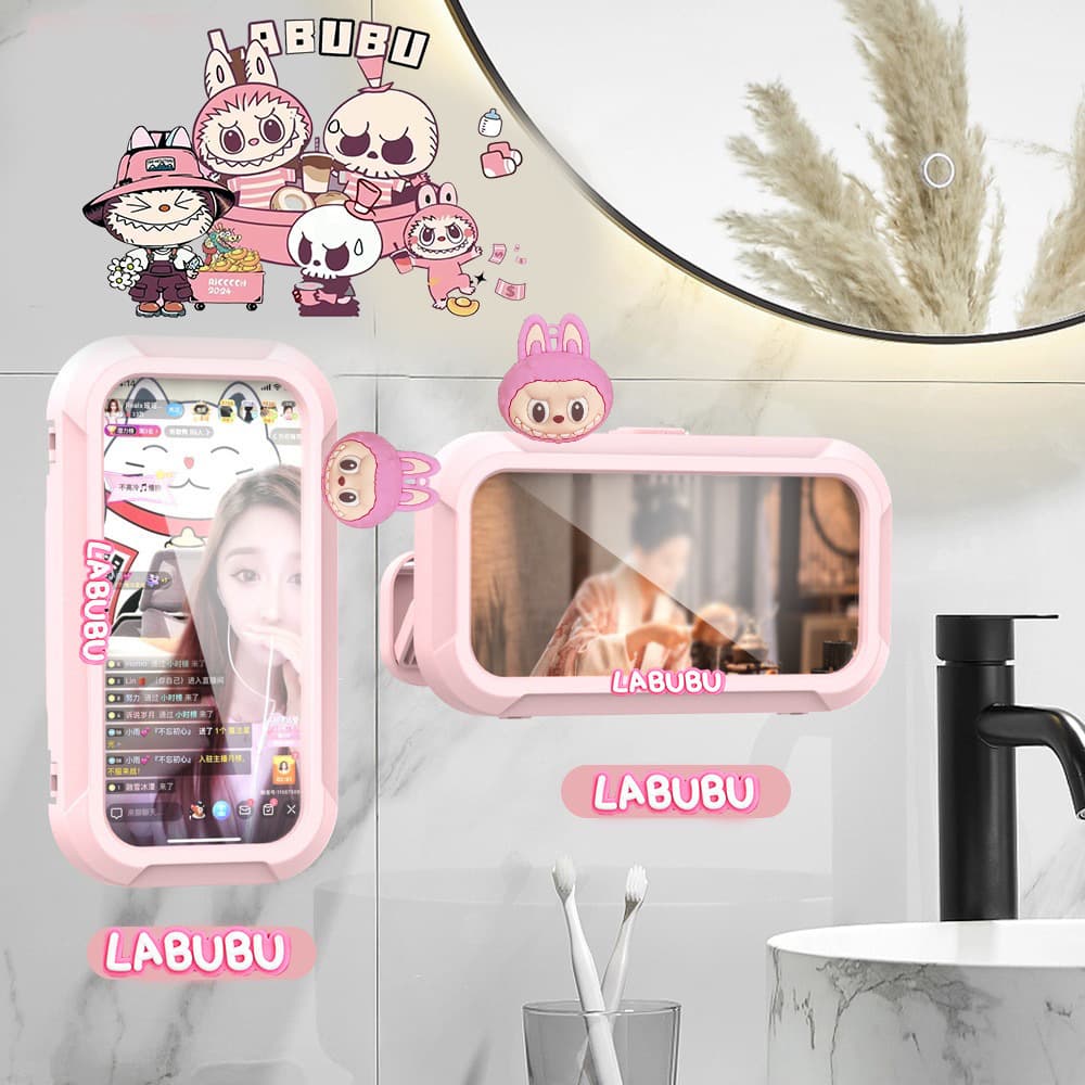 Popular bathroom waterproof cartoon labubu wall phone holder with 360° rotation and stretchable touch screen