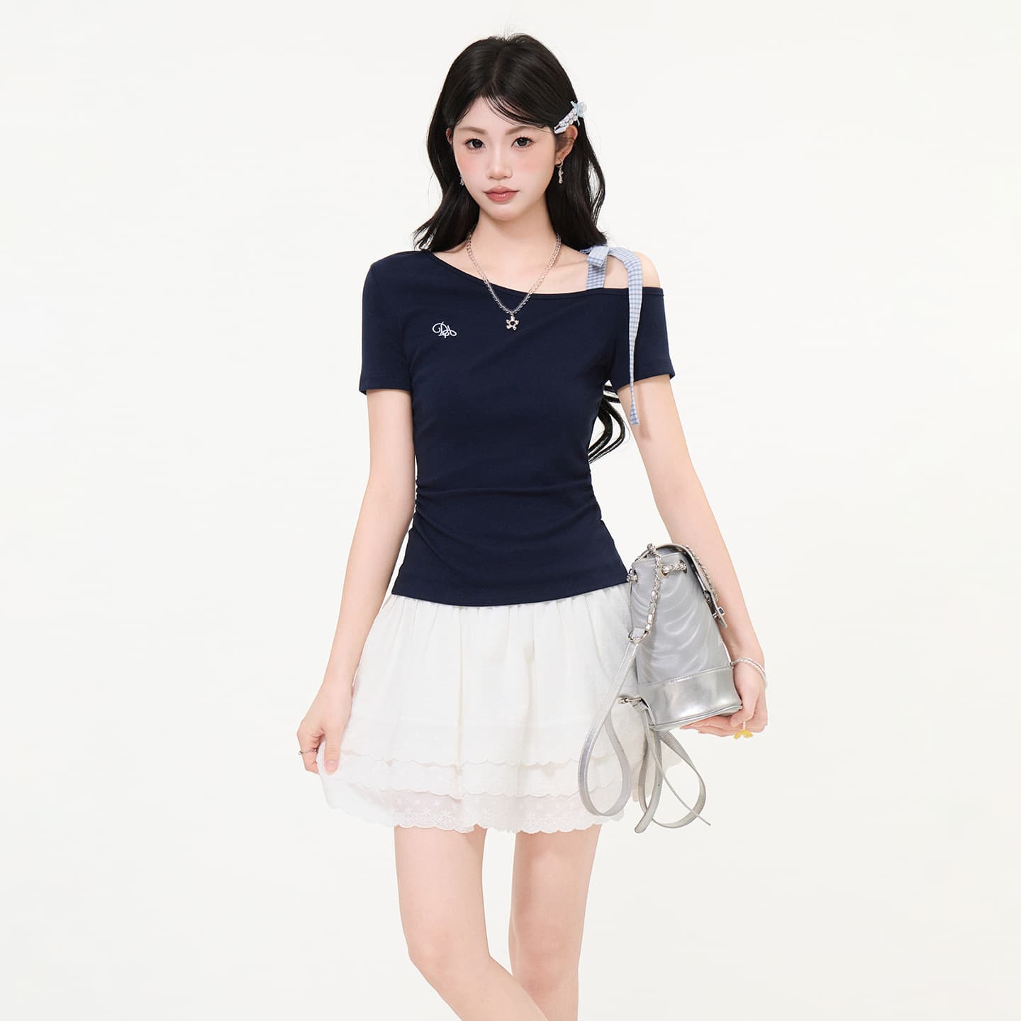 Sexy Off-Shoulder Embroidered Navy Blue Short-Sleeve T-Shirt for Women 2026 Summer New Pleated Slim Fit Top